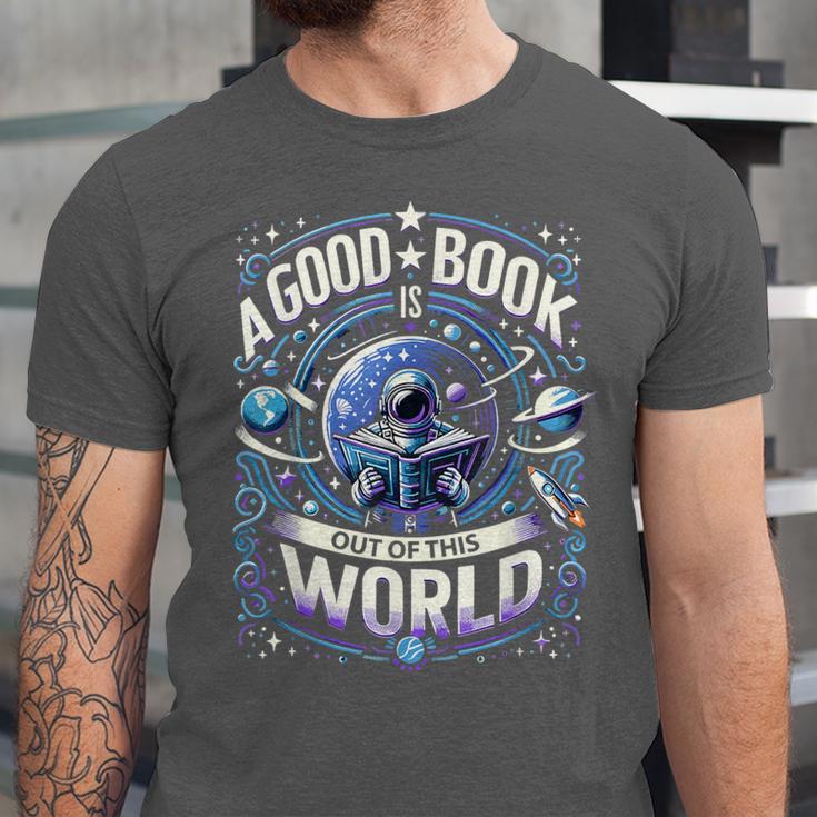 A Good Book Is Out Of This World Shirt Astronaut Reading Unisex Jersey T-Shirt