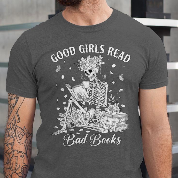 Good Girls Read Bad Books Skeleton Reading Book Halloween Unisex Jersey T-Shirt