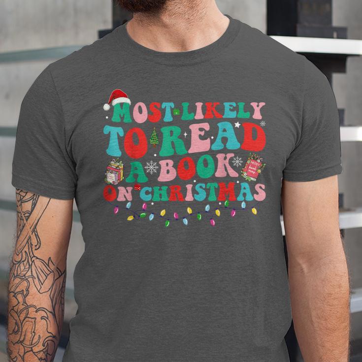 Groovy Christmas Most Likely To Read A Book On Christmas Unisex Jersey T-Shirt Groovy Christmas Most Likely To Read A Book On Christmas Unisex Jersey T-Shirt
