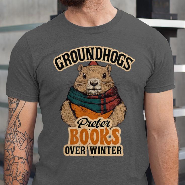 Groundhogs Prefer Books Over Winter February Unisex Jersey T-Shirt