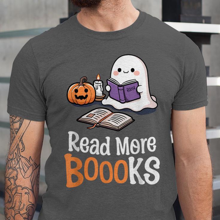 Halloween Teacher Women Cute Reading Ghost Read More Books Unisex Jersey T-Shirt