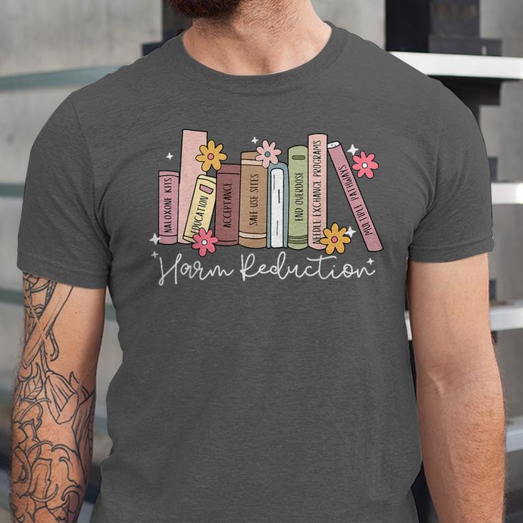 Harm Reduction Floral Book Overdose Awareness Nurse Unisex Jersey T-Shirt