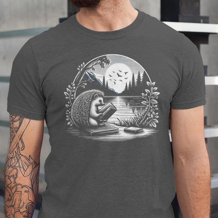 Hedgehog Reading Book Full Moon Lake Scenery Unisex Jersey T-Shirt