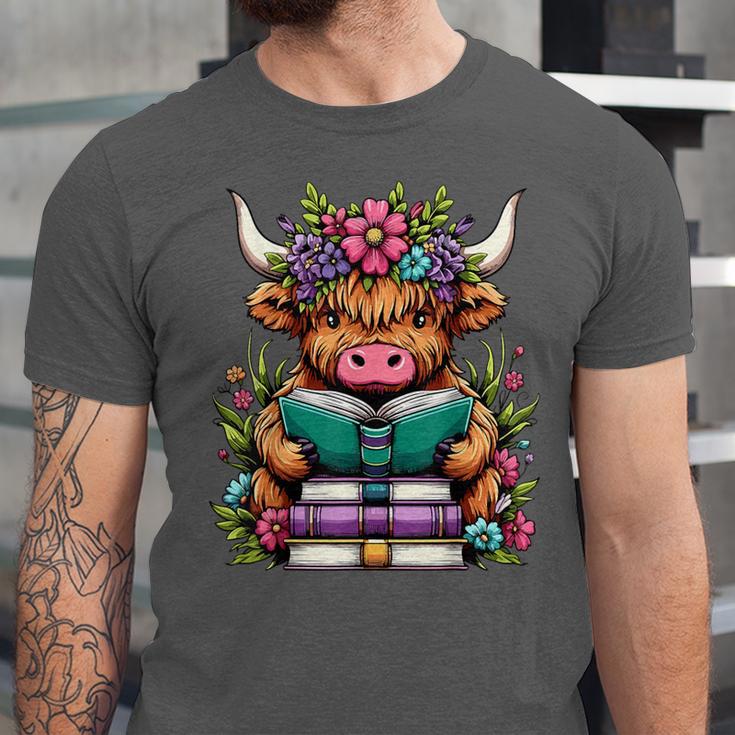 Highland Cow Book Floral Bookworm Unisex Jersey T-Shirt