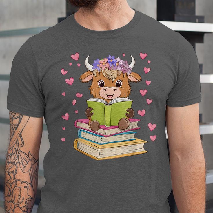 Highland Cow Reading Book Floral Bookworm Unisex Jersey T-Shirt