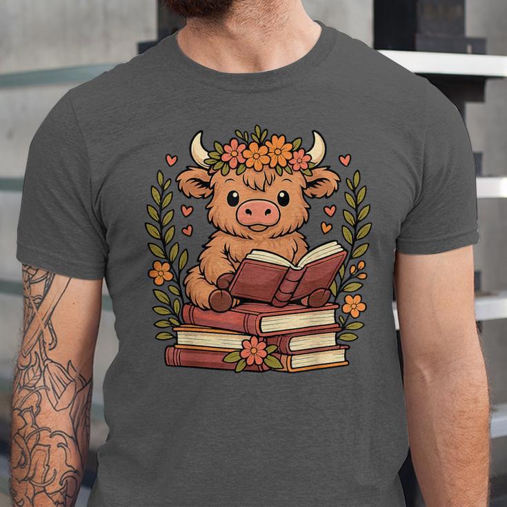 Highland Cow Reading Book Graphic Cow With Book Floral Unisex Jersey T-Shirt