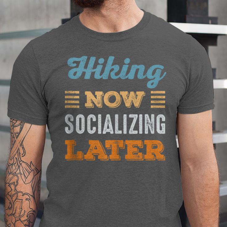 Hiking Now Minimal Socializing Introvert Vintage Unisex Jersey T-Shirt