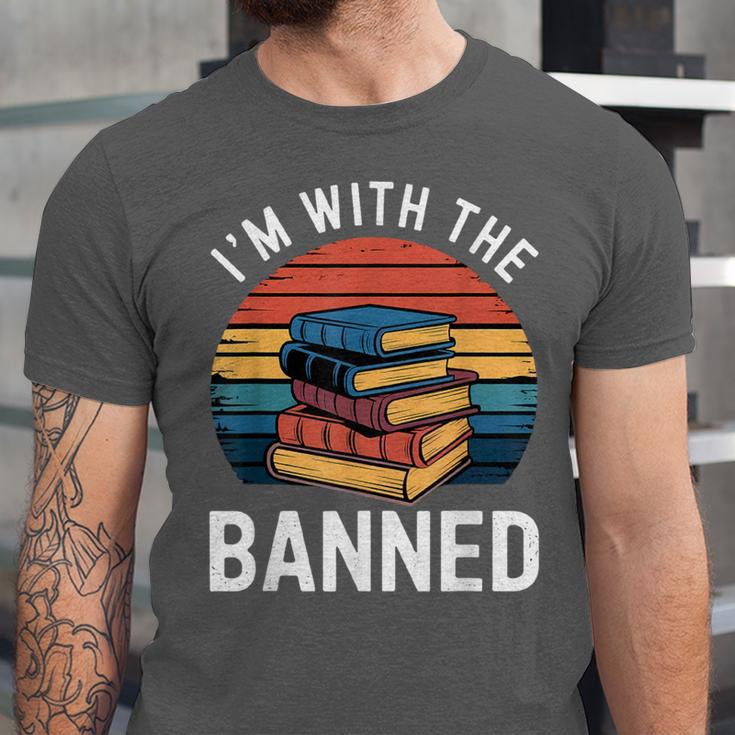 I'm With The Banned Stack Of Books Vintage Sunset Retro Unisex Jersey T-Shirt