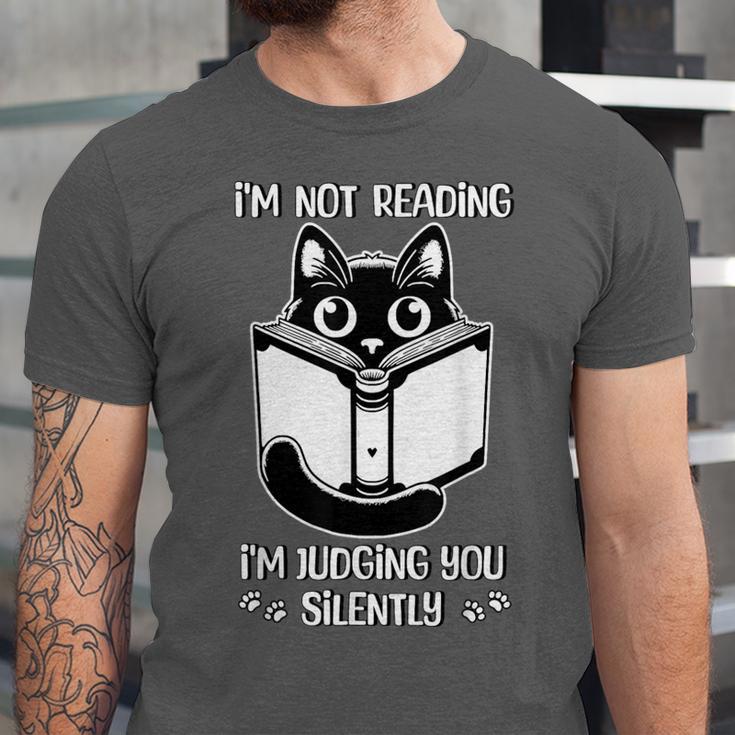 I’m Not Reading I’m Judging You Silently Fun Cat Book Lover Unisex Jersey T-Shirt