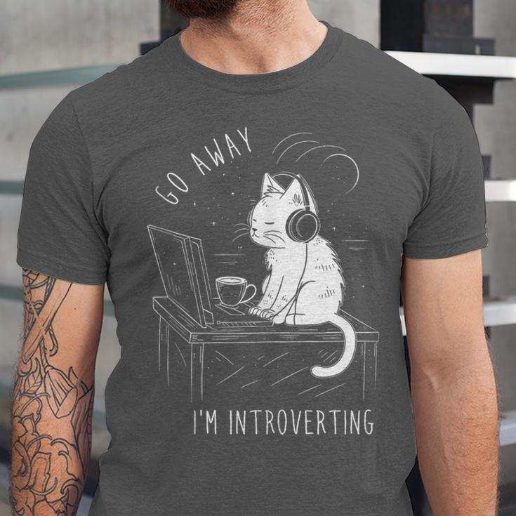 Introvert Cat With Coffee On Computer Antisocial Emo Goth Unisex Jersey T-Shirt