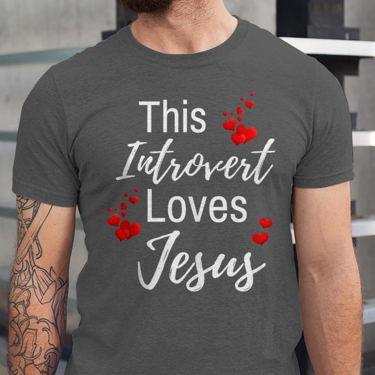 This Introvert Loves Jesus Religious Red Hearts Graphic Unisex Jersey T-Shirt This Introvert Loves Jesus Religious Red Hearts Graphic Unisex Jersey T-Shirt