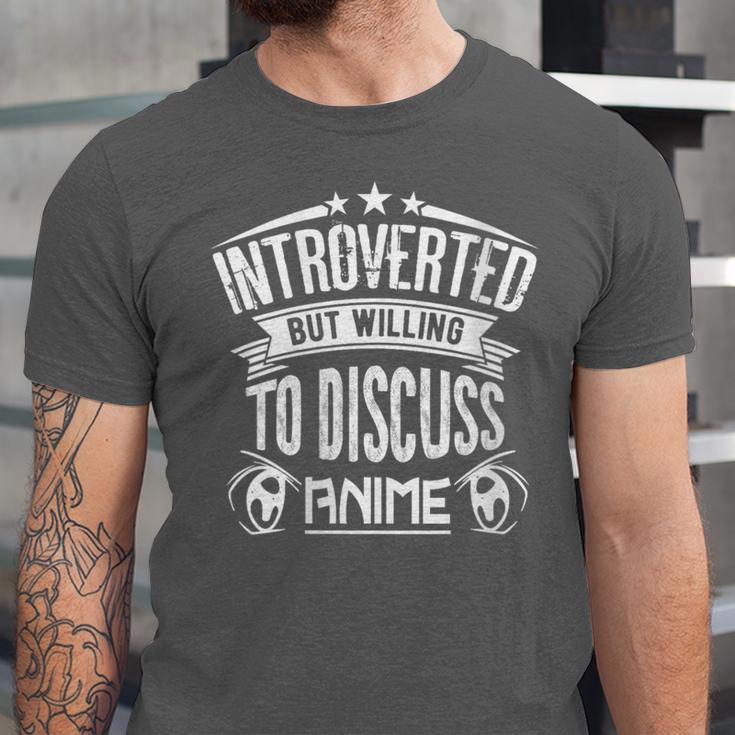 Introvert Quote Introverted But Willing To Discuss Anime Unisex Jersey T-Shirt