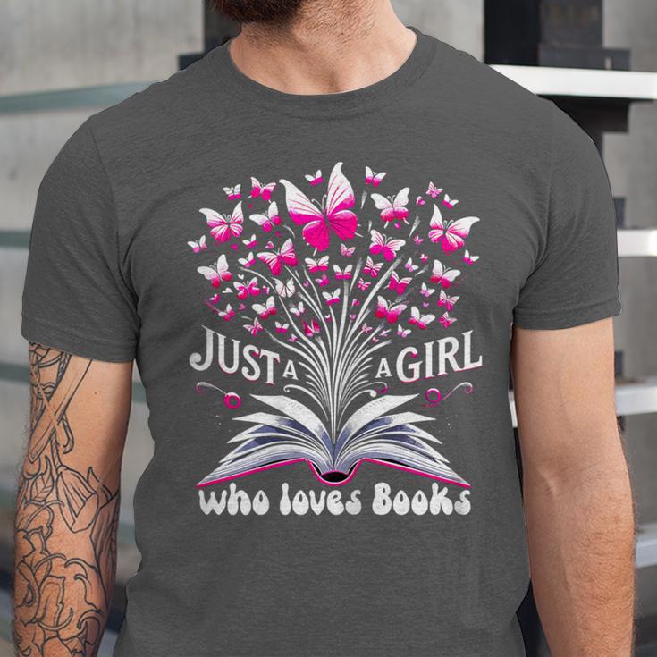 Just a Girl Who Loves Books Reading Book Butterfly Bookworm Unisex Jersey T-Shirt