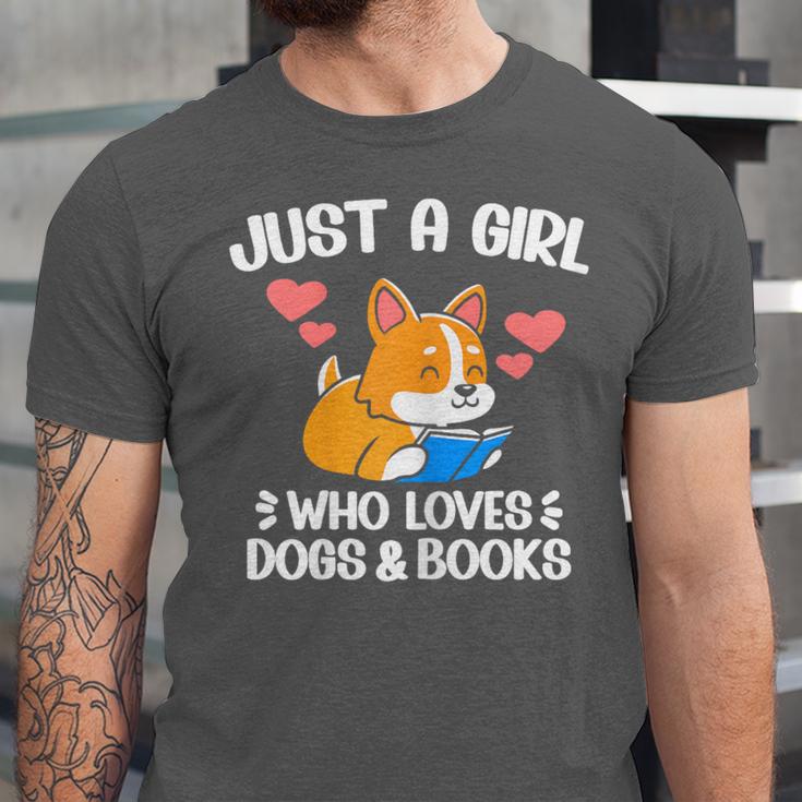 Just A Girl Who Loves Dogs And Books Reading Dog Puppy Lover Unisex Jersey T-Shirt
