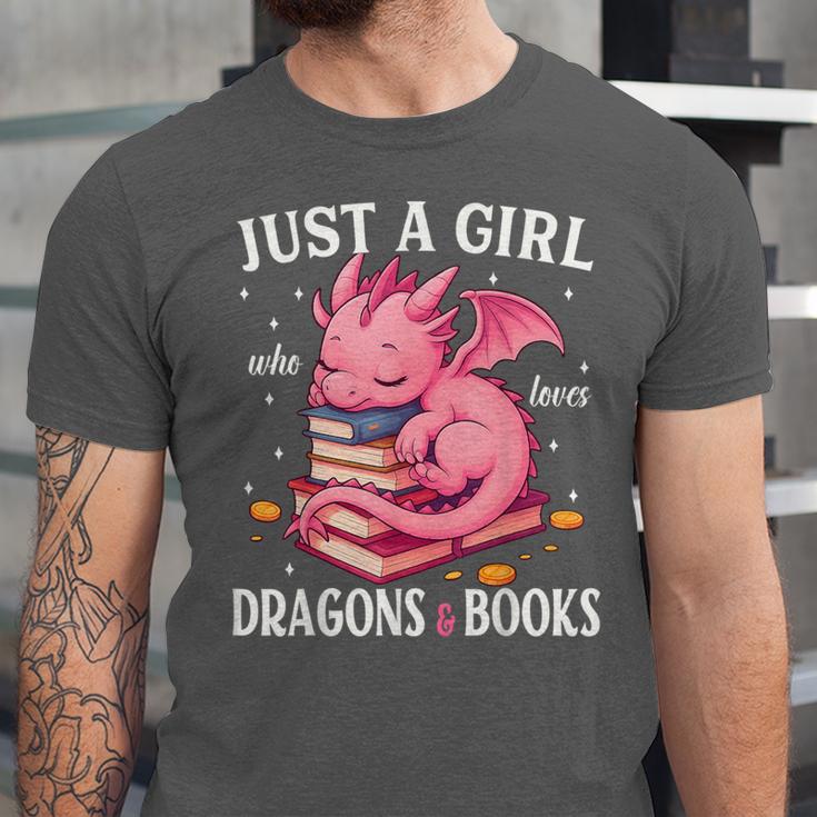 Just A Girl Who Loves Dragons And Books Dragon Reading Lover Unisex Jersey T-Shirt