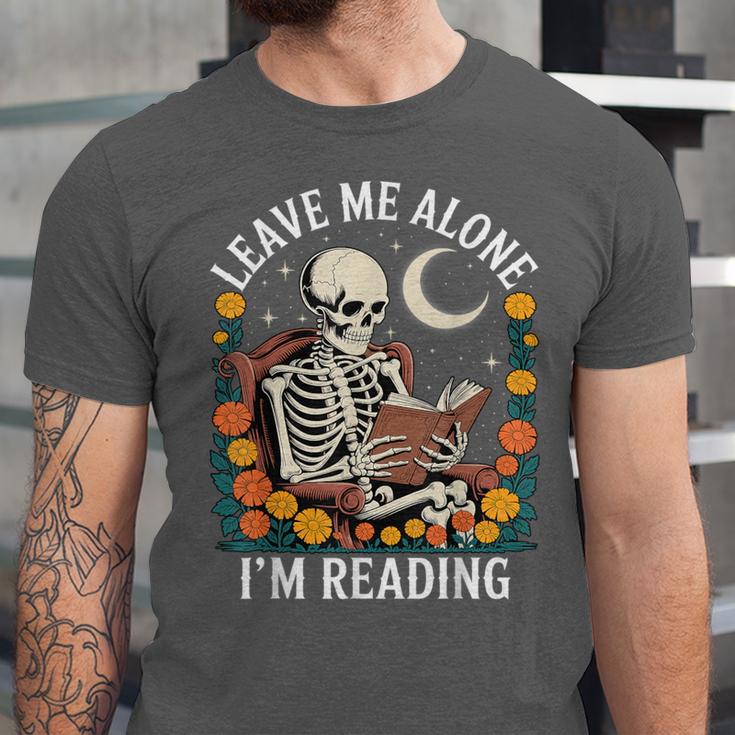 Leave Me Alone Skeleton Reading Book Floral Moon Librarian Unisex Jersey T-Shirt