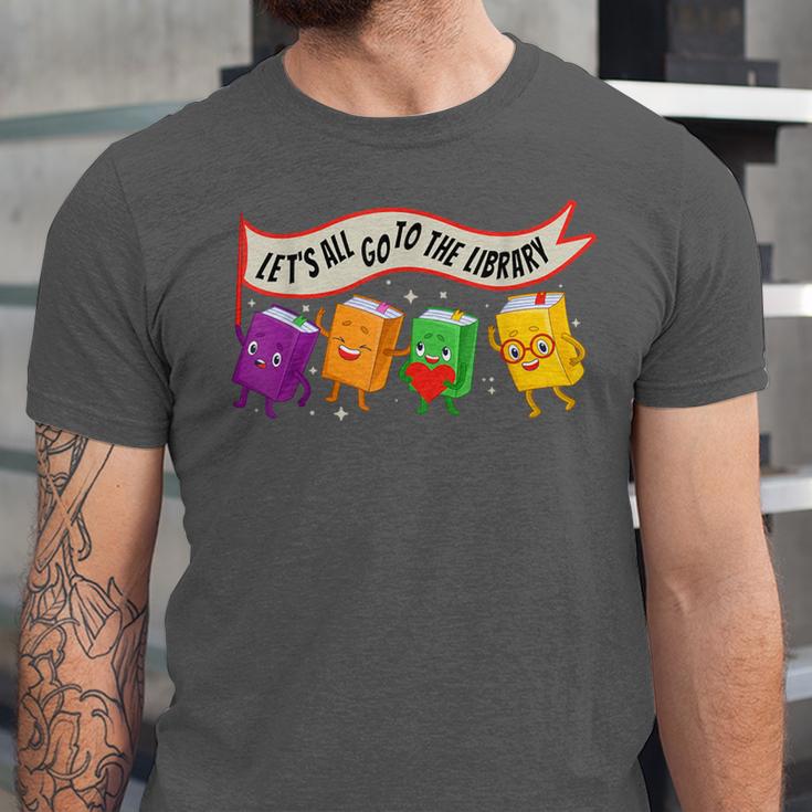 Librarian Let's All Go To The Library Cute Groovy Book Lover Unisex Jersey T-Shirt