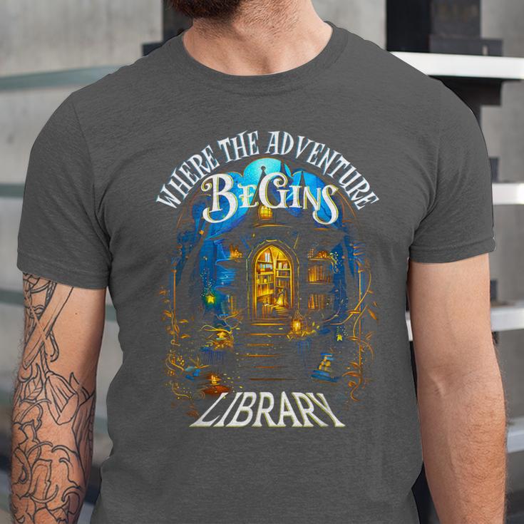Library Where The Adventure Begins Book Reading Quote Unisex Jersey T-Shirt Library Where The Adventure Begins Book Reading Quote Unisex Jersey T-Shirt