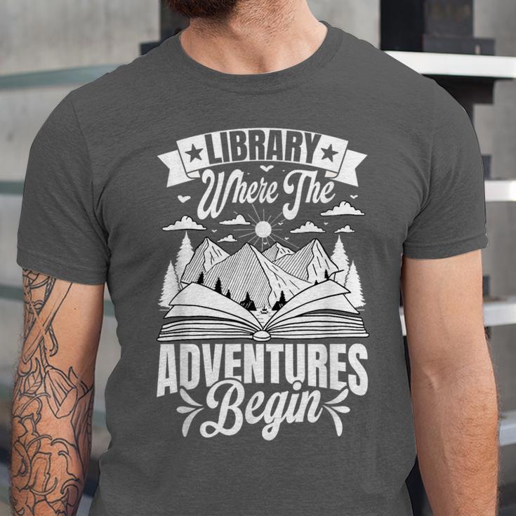 Library Where The Adventures Begin Librarian Book Readers Unisex Jersey T-Shirt