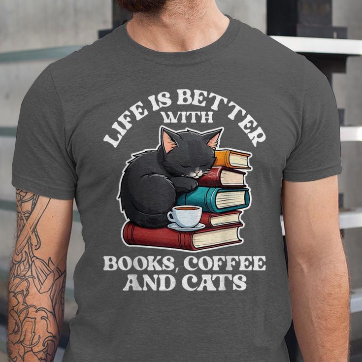 Life Is Better With Books Cats & Coffee Librarian Book Lover Unisex Jersey T-Shirt