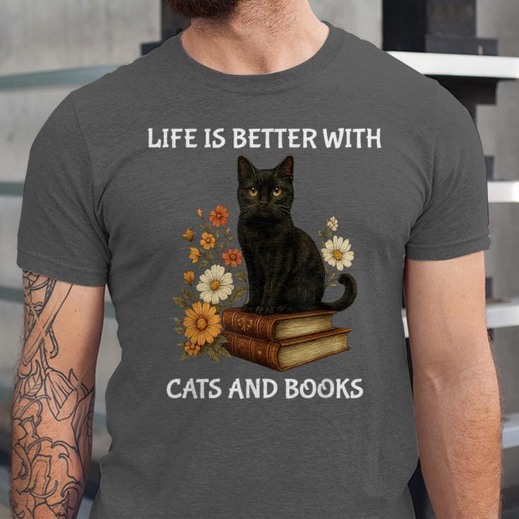 Life Is Better With Cats And Books Cute Cat Lover For Men Women Kids Unisex Jersey T-Shirt