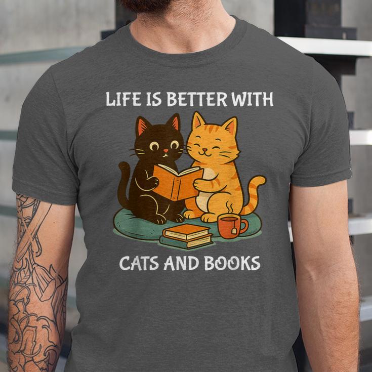 Life Is Better With Cats And Books Cute Cat Lover Unisex Jersey T-Shirt Life Is Better With Cats And Books Cute Cat Lover Unisex Jersey T-Shirt