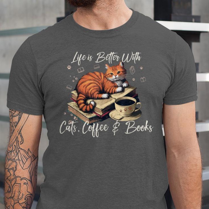 Life Is Better With Cats Coffee And Books Unisex Jersey T-Shirt