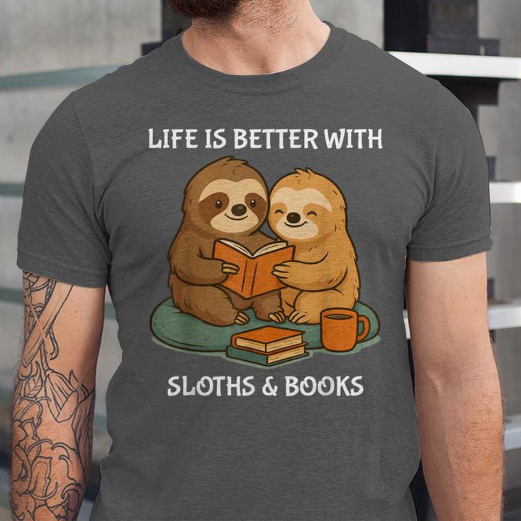 Life Is Better With Sloths And Books Cute Sloth Lover Unisex Jersey T-Shirt