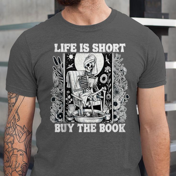 Life Is Short Buy The Book Introvert Skeleton Reading Unisex Jersey T-Shirt
