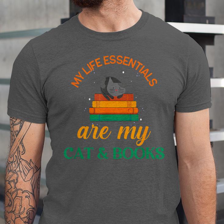 My Life Essentials Are Cat And Books Unisex Jersey T-Shirt