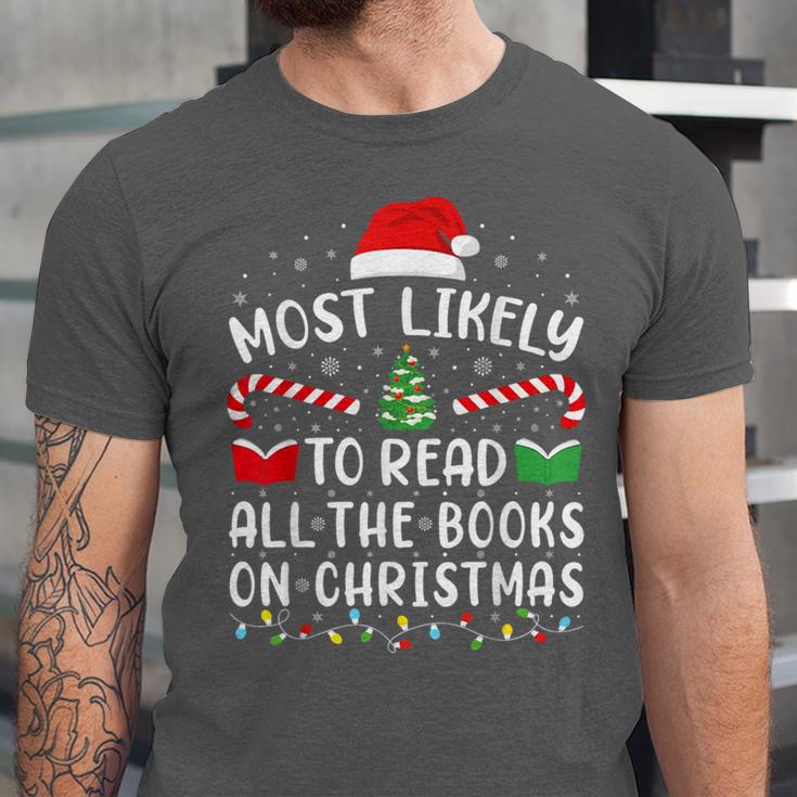 Most Likely To Read A Book On Christmas Family Matching Xmas Unisex Jersey T-Shirt Most Likely To Read A Book On Christmas Family Matching Xmas Unisex Jersey T-Shirt