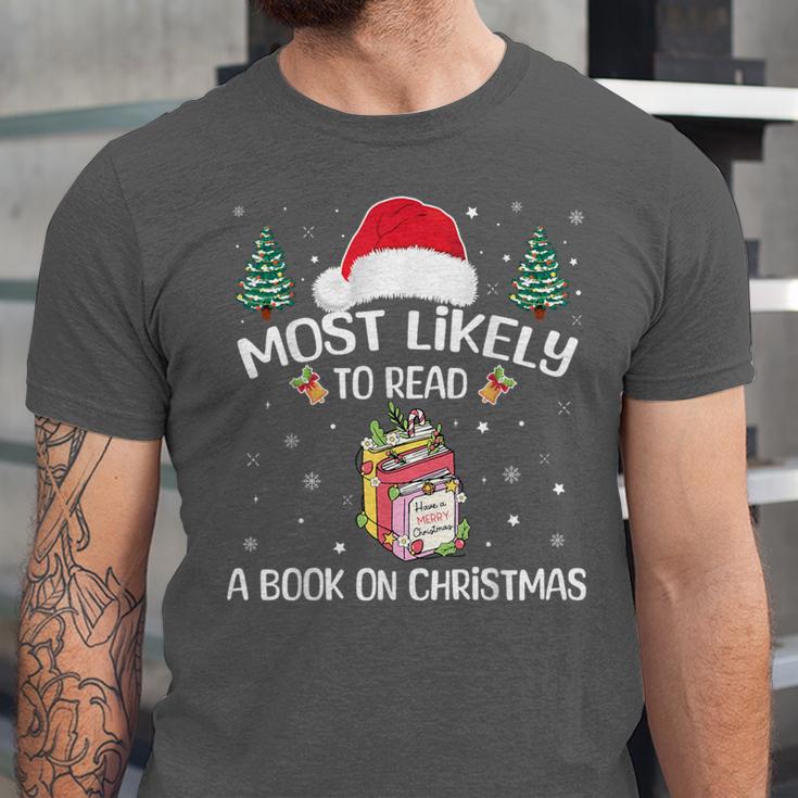 Most Likely To Read A Book On Christmas Love Reading Books Unisex Jersey T-Shirt