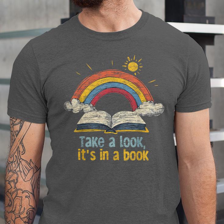 Take a Look It's In a Book Vintage Reading Teacher Rainbow Unisex Jersey T-Shirt Take a Look It's In a Book Vintage Reading Teacher Rainbow Unisex Jersey T-Shirt