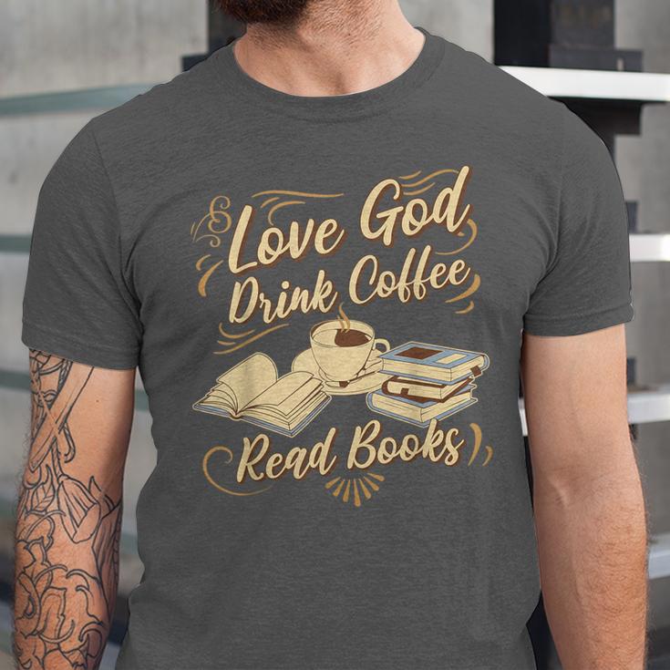 Love God Drink Coffee Read Books Christian Tee Unisex Jersey T-Shirt