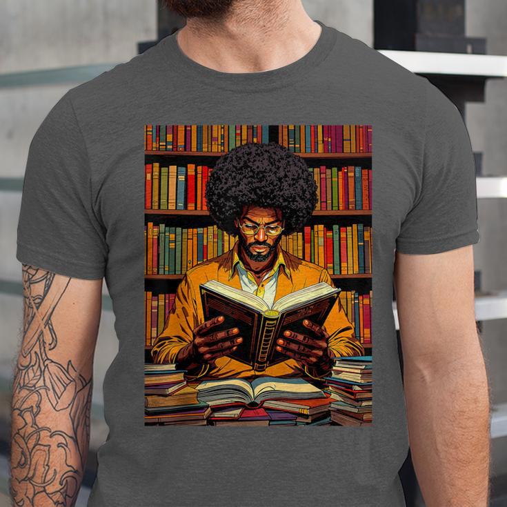 Man Reading Book Black History Month Book Lover Afro Unisex Jersey T-Shirt
