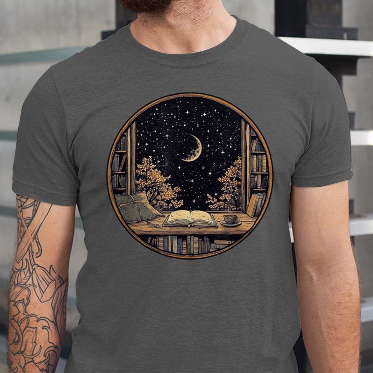 Moon Book Bookshelf Library Coffee Cup Star Stars Pattern Unisex Jersey T-Shirt
