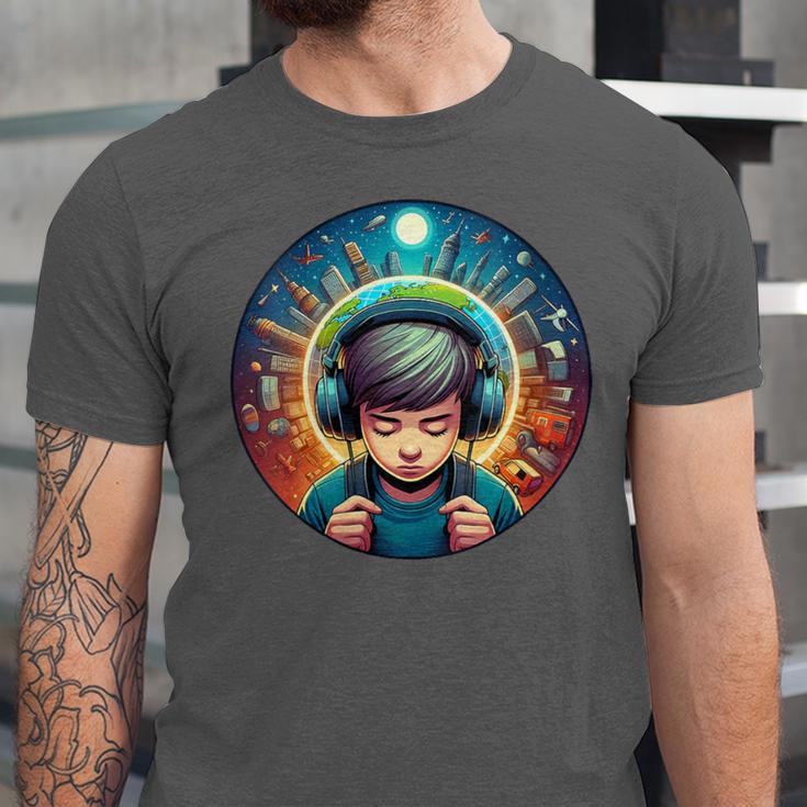 Music Enthusiast Under Starry Skies World Introvert Boy Unisex Jersey T-Shirt Music Enthusiast Under Starry Skies World Introvert Boy Unisex Jersey T-Shirt