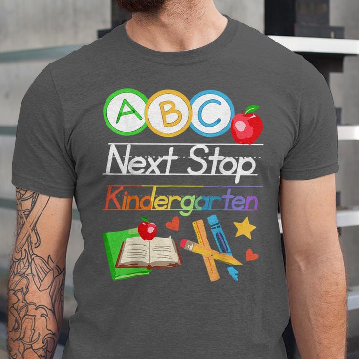Next Stop Kindergarten Preschool Graduation 2025 Boy Girl Unisex Jersey T-Shirt