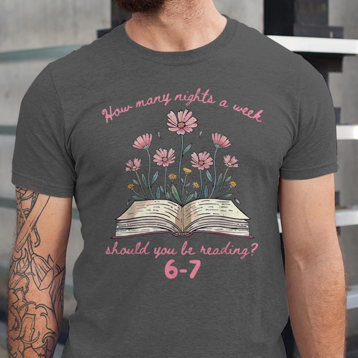 How Many Nights Reading 67 Meme Floral Book Lover Teacher Unisex Jersey T-Shirt