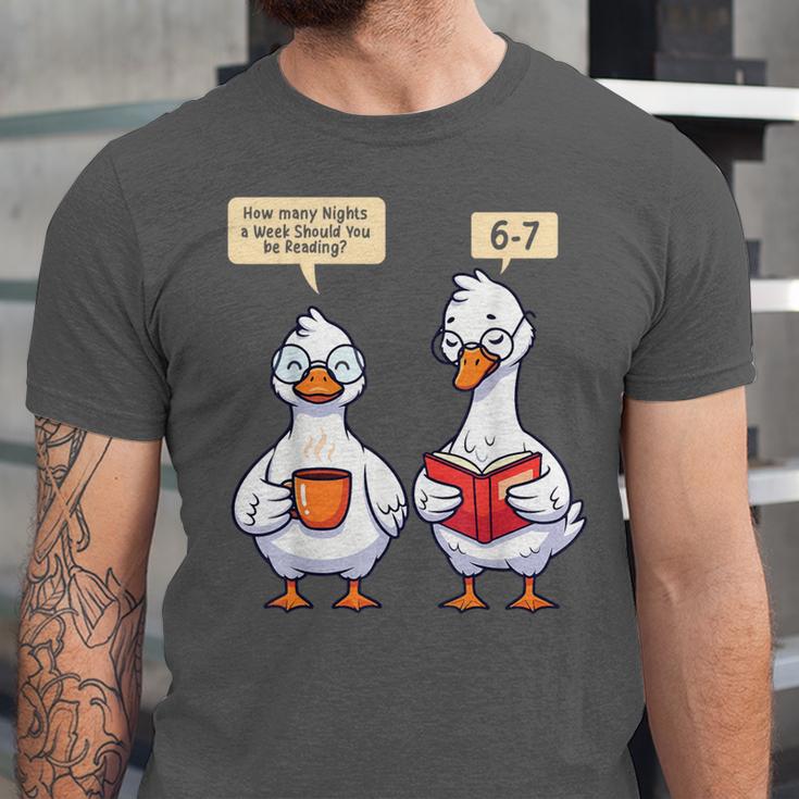 How Many Nights Reading Goose Book Lover Reader Unisex Jersey T-Shirt