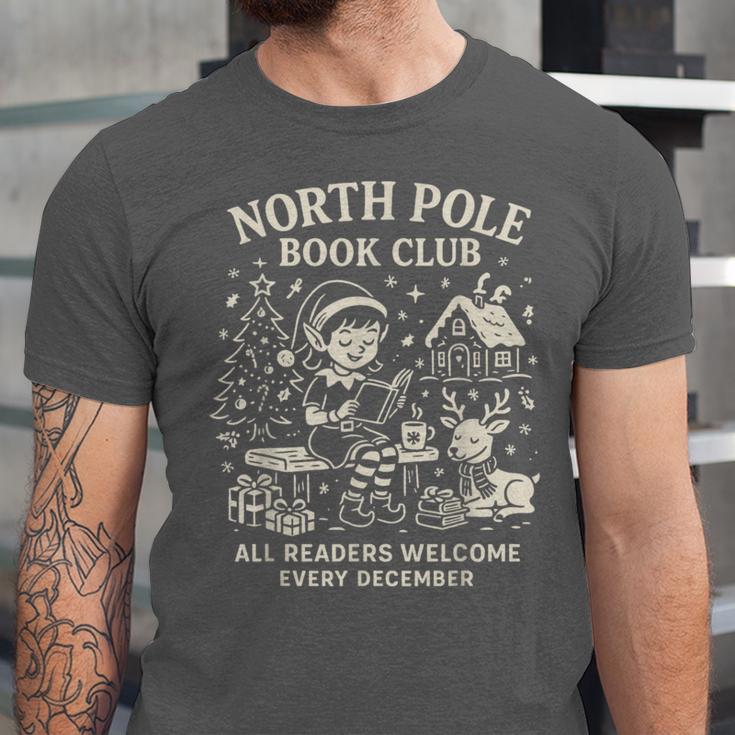North Pole Book Club Christmas Elf Bookish Retro Graphic Unisex Jersey T-Shirt