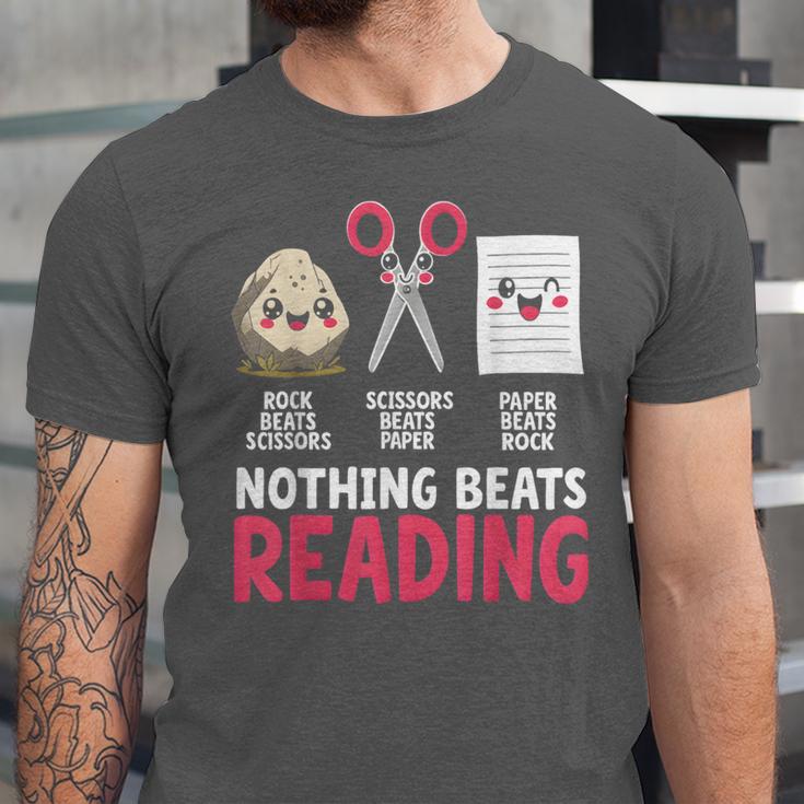 Nothing Beats Reading Rock Paper Scissors Book Lover Library Unisex Jersey T-Shirt