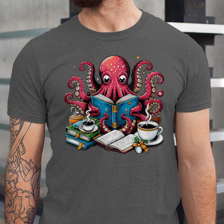 Octopus Reading Book Coffee Lover Bookaholic Bookworm Reader Unisex Jersey T-Shirt Octopus Reading Book Coffee Lover Bookaholic Bookworm Reader Unisex Jersey T-Shirt