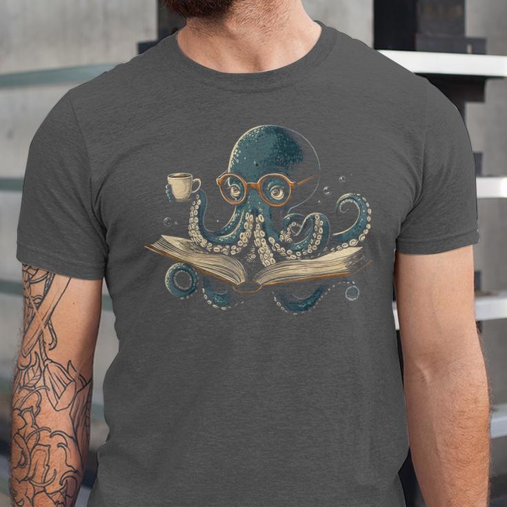 Octopus Reading Book Coffee Book Lover Bookworm Nerd Unisex Jersey T-Shirt
