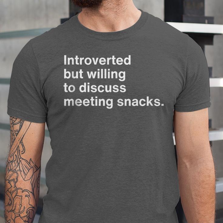 Office Humor Introverted Coworker Meeting Snack Foods Unisex Jersey T-Shirt