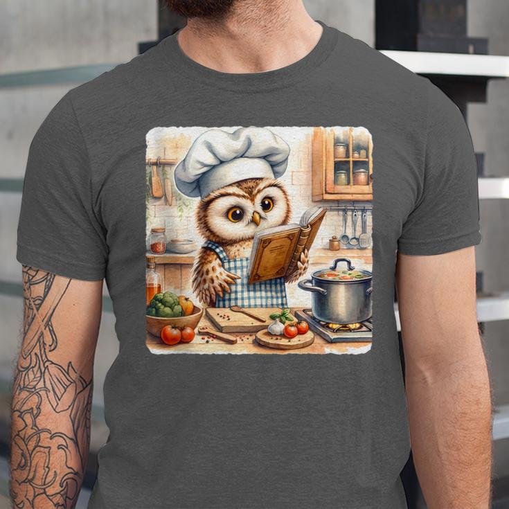 Owl Learning To Cook With Cookbook Chef Apron Stove Cooking Unisex Jersey T-Shirt