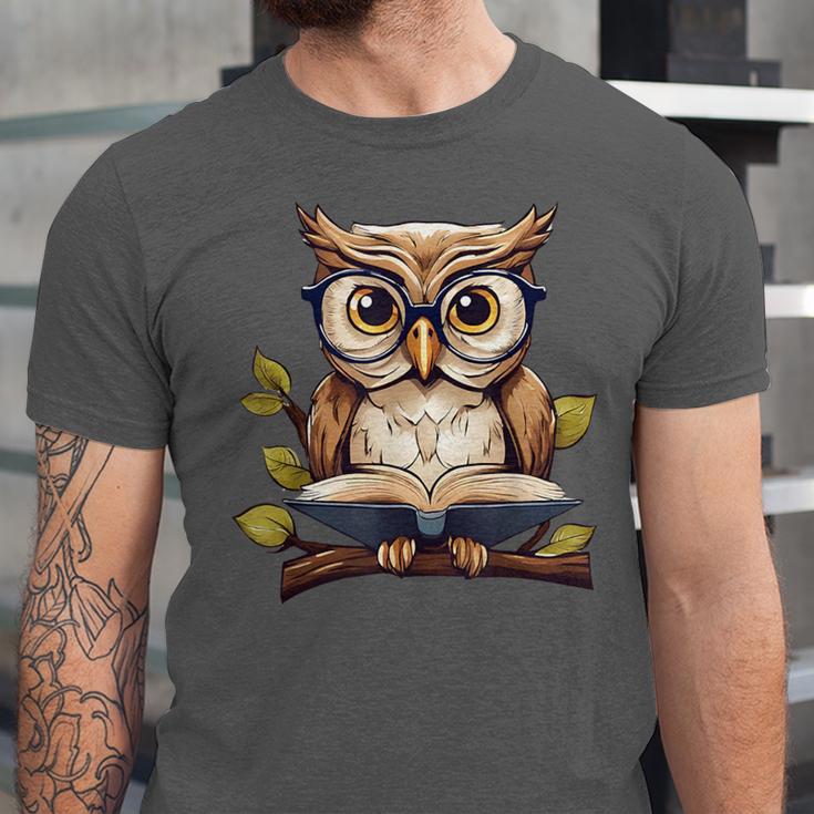 Owl Reading A Book Perched On A Branch Bookworm Unisex Jersey T-Shirt