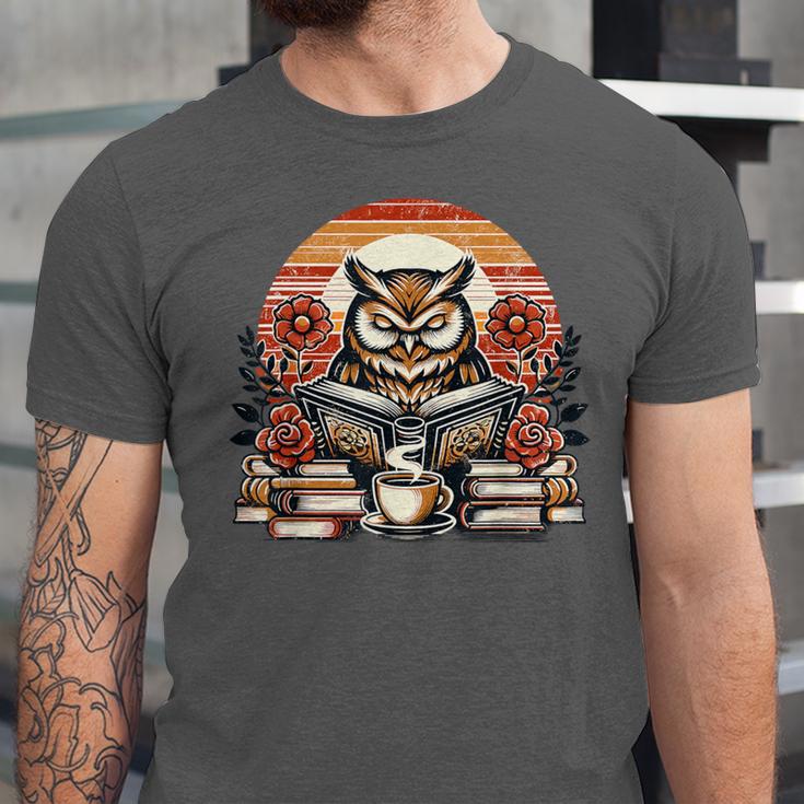 Owl Reading Books Book Library Bookworm Unisex Jersey T-Shirt Owl Reading Books Book Library Bookworm Unisex Jersey T-Shirt