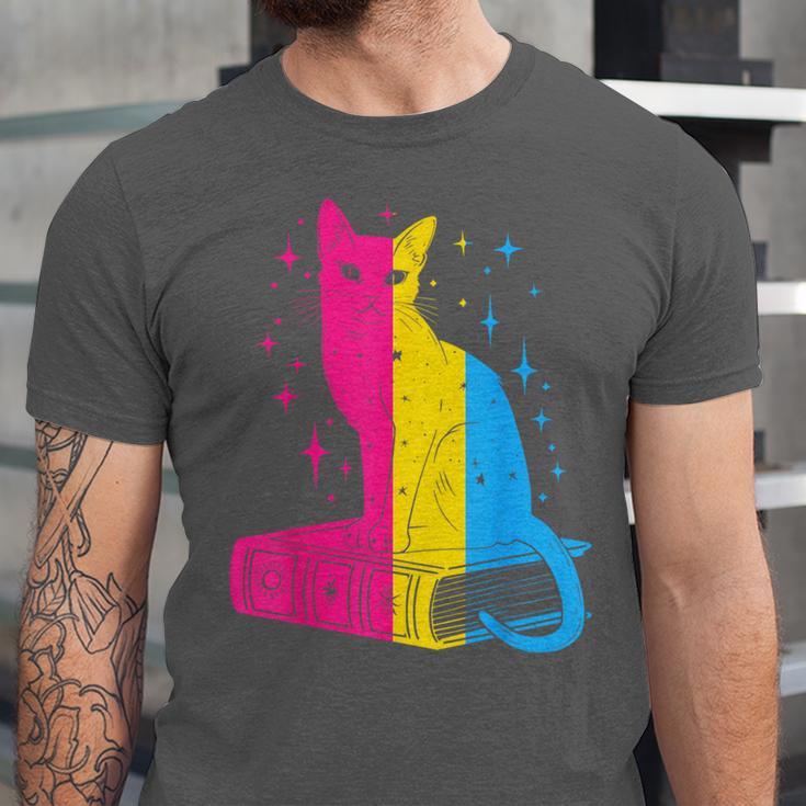 Pansexual Pride Celestial Cat Sitting Book LGBTQ Pan Colors Men Women Unisex Jersey T-Shirt