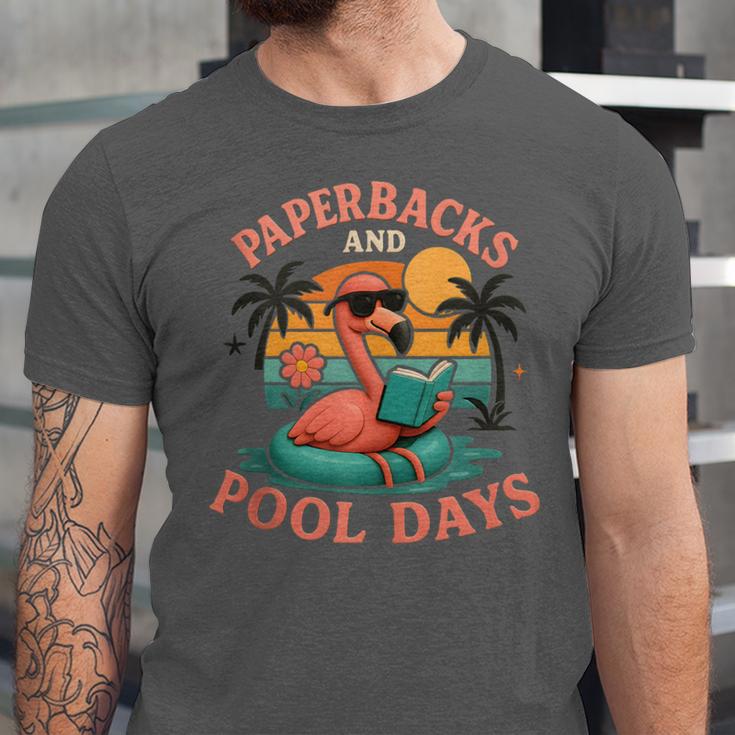Paperbacks And Pool Days Flamingo Reading Summer Vibes Books Unisex Jersey T-Shirt